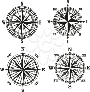 Antique compasses with ornate dials or rose of wind. Topography retro nautical marine signs with longitude and latitude. Navigation and orientation vector signs with star in middle