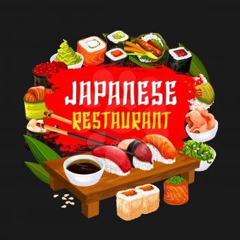 Sushi restaurant, Japanese cuisine food. Vector seafood and rolls, tuna and salmon sashimi, eel unagi maki and soy sauce, shrimp tempura and ginger in bowl with chopsticks