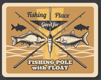 Fishing retro poster with crossed rods, bait and fishes, pole with float. Outdoor fish catching sport activity vector vintage card with carp and salmon. Equipment for fisherman, catch fish