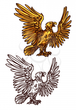 Eagle victory and power mascot. Vector heraldic golden element. Mythical bird or griffin with spread golden wings and sharp claws as symbol of strength standing in profile
