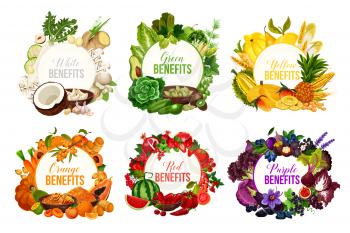 Fruits and vegetables, detox color diet vector icons. Berries and nuts, herbs, spices and dried fruits. Food sorted by colors for proper nutrition and dieting program, benefits for health and immunity