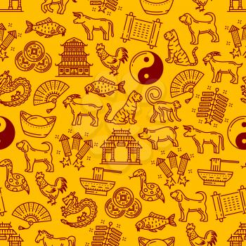 Chinese horoscope animals linear seamless pattern. Oriental astrology symbols and national signs as noodles and lucky coins, fireworks and chinese temple, yin yang and fan, carp fish and ingot