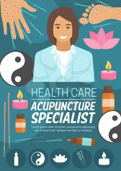 Acupuncture doctor, alternative medicine. Vector needles, foot and palm with acupoints, candle and essential oil bottles, yin and yang sign and pink flower of sacred lotus