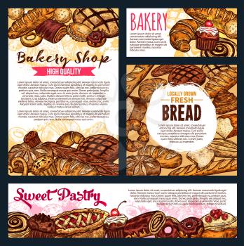 Bakery shop banners, bread and baked pastry food. Vector wheat loaf and rye bagel or croissant, baguette and pretzel, pie and bun with poppy or cupcake. Muffin and donut with chocolate