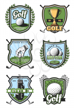 Golf sport heraldic icons and symbols with crossed sticks and ball, gold trophy cup and white glove. Royal game and sport items, professional supreme league signs, tournament or competition symbols