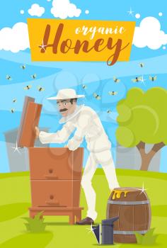 Beekeeping, agiculture industry. Vector apiary and beekeeper man in protective clothing taking honey from beehive to wooden barrel. Bees swarm flying around on beekeeping farm, green meadow