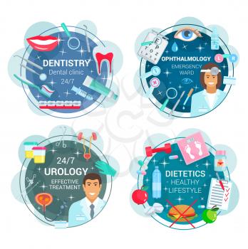 Dentistry and ophthalmology, urology and dietetics medicine. Vector healthcare icons of doctors and medical tools. Braces and toothpaste, eye and lens, kidney and bladder, food and diet