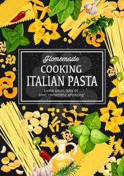 Italian pasta with herbs, vector. Cuisine from Italy, traditional food. Spaghetti, macaroni and penne, cannelloni, ravioli and fusilli. Farfalle and conchiglie, lasagna and orzo with basil and pepper