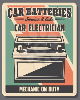 Car service, accumulator battery maintenance. Electrician and mechanic consultation at vehicle garage station, vector vintage style. Internal parts for transport and vehicles, replace battery service