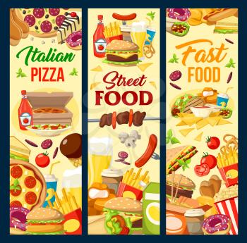 Fast food menu banners with burgers aand nuggets, pizza and hot dog. Vector fastfood restaurant Mexican and Asian cuisine BBQ meals, french fries or tacos and burrito, sandwich and kebab grill