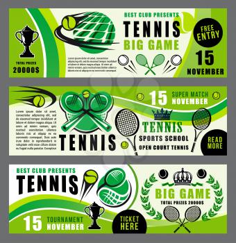 Tennis sport game summer camp advertisement poster, training sport club or school. Vector green design of tennis ball and racket with laurel wreath and trophy cup, league open tournament