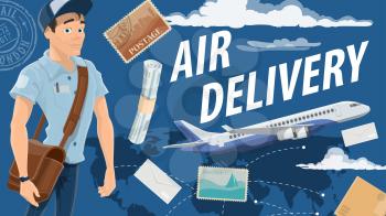Air mail delivery and mailman, cartoon vector. Vector airplane cargo or freight shipping parcel boxes, newspapers, magazines and letter envelopes with postage stamps Postman standing with correspondence