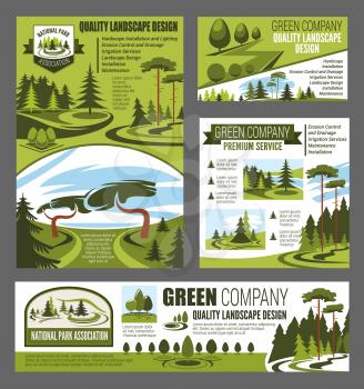 Park and garden landscaping design posters and banner. Village green trees, forest gardening and outdoor green horticulture or home parkland landscape design service
