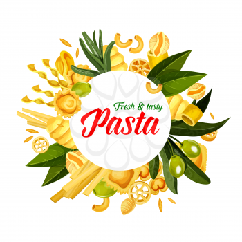 Italian pasta spaghetti, fettucine and ravioli, tagliatelle, lasagna or linguine, pappardelle with farfalle, gnocchi and ditalini. Vector Italy traditional cuisine restaurant menu cover design