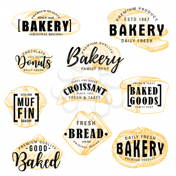 Bakery shop sketch lettering, bread and patisserie pastry desserts menu. Vector calligraphy of wheat loaf, donut or muffin and croissant with buns, bagel or toast bread and fruit pie