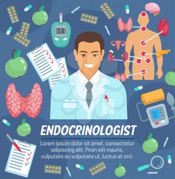 Endocrinology medicine and hormone thyroid of endocrine system and diabetes treatment. Vector endocrinologist doctor man with pills, tonometer and glucose meter, heart and brain organs