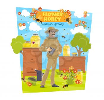 Flower honey beekeeping and beekeeper at beehives, agriculture. Vector natural organic flower honey production, bees, honeycomb and hives with man in protective uniform