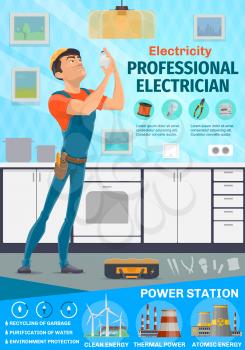 Electrician service, electrical repair works. Vector man in uniform change light bulb in kitchen room with tools as screwdriver, voltmeter and tester. Power plant icons, power and energy industry
