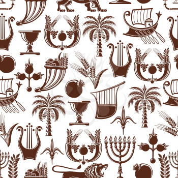 Israel culture and travel traditional pattern background. Vector seamless Jewish and Judaism religion Hanukkah Menorah, Shofar horn and palm with pomegranate, lion and ship, wheat and laurel wreath