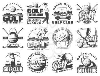 Golf club sport icons and badges. Vector symbols of golf player, equipment and game items, tee course with cup award, golf cart and victory laurel ribbon