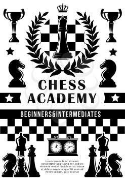 Chess academy or training school poster. Vector chess tournament and championship game design of horse and pawn, rook and king crown on chessboard and score clock