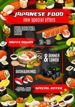 Japanese sushi bar menu of asian cuisine food restaurant. Vector lunch offer of traditional sashimi roll with seafood, unagi maki or seaweed salad with wasabi, rice, ramen noodle and chopsticks