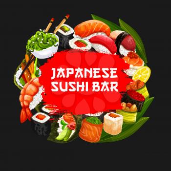 Sushi bar menu cover of Japanese cuisine restaurant. Vector asian food sushi and rolls with seaweed salad, salmon or eel, shrimp and caviar sashimi with chopsticks