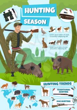 Hunting open season poster, African safari and forest hunt adventure. Vector hunter man with rifle gun and wild animals and birds trophy aper, rhinoceros or hippopotamus and lion with duck and grouse