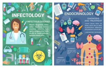 Endocrinology and infectology clinic. Vector infectologist and endocrinologist doctors, organs, diagnostic equipment and treatment pills of thyroid endocrine system and infectious diseases tests