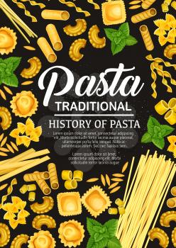 Italian pasta cooking book vector cover design. Traditional cuisine pasta food cooking recipes of spaghetti and farfalle, fettucine and ravioli, tagliatelle and lasagna, linguine and penne, cannelloni
