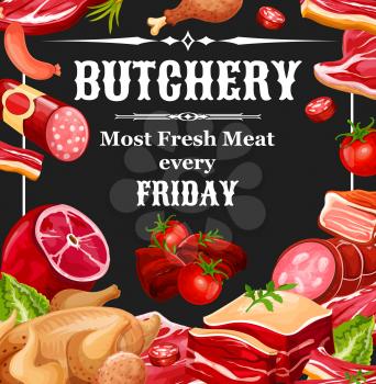 Butcher shop meat products. Vector farm butchery beef and pork, chicken legs grill and lamb ribs with bacon, ham and salami or pepperoni sausages and wurst