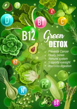 Green diet for detox, immune system or bones support and cancer prevention. Vector color diet nutrition of green vegetables, salads or fruits with vitamins and minerals for healthy digestion