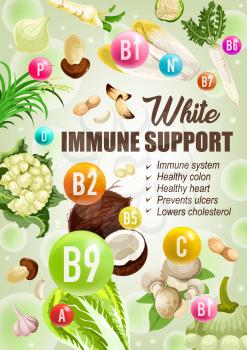 White color diet for immune support, healthy colon or heart for ulcers prevention. Vector low cholesterol diet nutrition of white vegetables, salads or nuts and mushrooms with vitamins and minerals