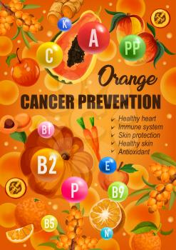 Orange color diet for cancer prevention, healthy hear and skin or immune system protection. Vector diet nutrition of orange antioxidant citrus fruits, vegetables, berries with vitamins and minerals