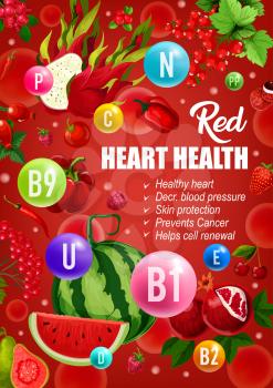 Red diet for heart health, cancer prevention or healthy skin and blood pressure or cells renewal. Vector color diet nutrition of red fruits, vegetables and berries with vitamins and minerals