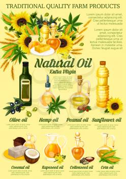 Natural cooking oil, organic farm products. Vector oil bottles of olive, hemp or peanut and sunflowers seeds, coconut or rapeseed and cottonseed flax