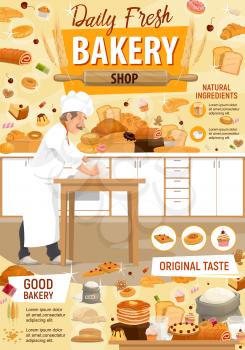 Baker in bakery cooking bread and pastry sweet products. Chef kneading dough on table with pancakes, donuts or sugar and flour in bag, chocolate muffin and marmalade