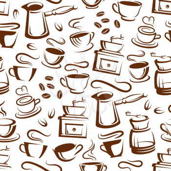 Coffee seamless pattern of cups with steam and coffee makers. Vector background of americano, espresso or latte and cappuccino mug, for coffeeshop of cafe interior design