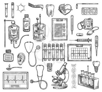 Medical surgery, hospital therapy medicine equipment. Vector sketch of cardiology, cardiogram, otolaryngology otoscope, microscope and DNA, bolood container, dentistry tooth implant with syringe