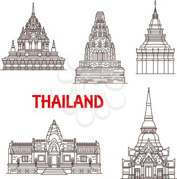 Thailand famous historic Buddhist landmark temples. Vector Wat Phra Borommathat in Ayutthaya, Prasat Phanom Rung in Buriram, Chama Thewi and golden Pagoda and Hua Hin Khao Takiab
