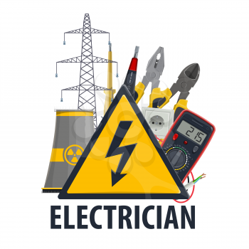 Electrician professional equipment and tools, vector nuclear power plant, ammeter and lightbulb lamp with plug socket, electric wire and cables, power line