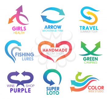 Arrow icons, business company identity. Vector abstract curved or motion arrows symbols for medical healthcare, brokerage firm or travel tours and fishing sport, handmade web studio or eco camping
