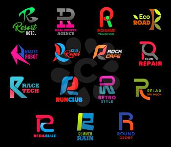 Letter R icons business identity of sport club, vegan food restaurant or robot technology and rock cafe. Vector R symbols for spa salon or home repair shop and eco road travel or real estate agency