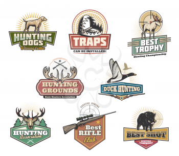 Hunter club , hunt open season and training center icons. Vector isolated symbols of wild animals as elk, antler or boar hog and duck with hunter rifle and traps for trophy