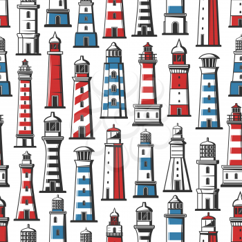 Retro seamless pattern of lighthouse ans beacon. Vector background of nautical beacon or seafarer navigator lighthouse with red and blue marine pattern. Safety sailing and ship voyage adventure theme