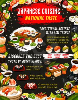 Japanese cuisine poster, menu for traditional Japan sushi bar or restaurant with Asian food. Vector Philadelphia and California rolls, soy sauce, seafood and rice with chopsticks