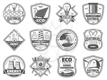 Energy and power industrial icons, electrician service. power plant and equipment. Vector electrical tools and eco energy resources of light bulb, solar battery and windmill with electric cables