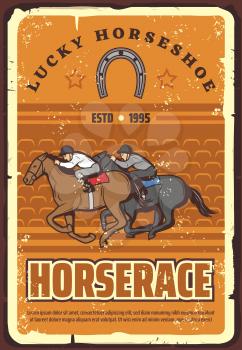 Equestrian sport club, racetrack announcement retro vector. Vintage design of jokeyson horses racing on hippodrome with lucky horseshoe symbol