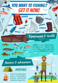 Fishing sport adventure, fish catch. Vector fisherman, equipment rod, tackles and lures with boat and camping tent, sea and ocean salmon, carp and pike, marlin and perch, seafood crab and lobster