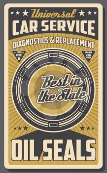 Car bearing diagnostics service and o il seal replacement. Garage mechanic and repair station, vector retro design. Vehicle engine restoration, bearing replacement